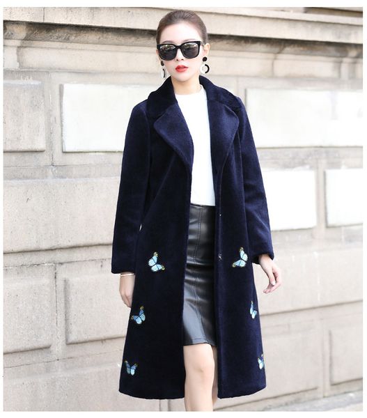 

ayunsue fashion winter jacket women real sheep shearing coat embroidery natural fur coats long warm wool jackets cy7091, Black