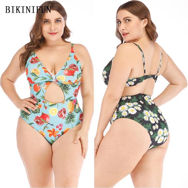 

one-piece suits 2021 fruit print swimsuit women plus size monokini deep v beachwear xl-4xl girl cutout backless one piece suit