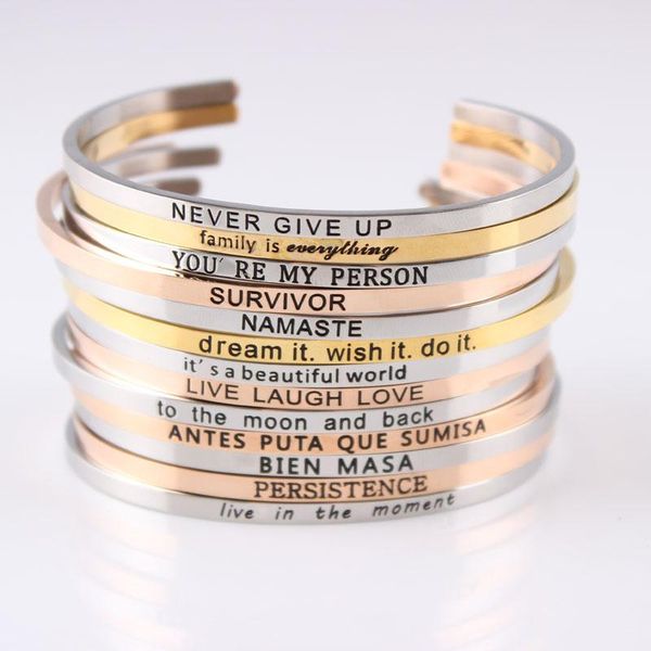 

bangle 2021 stainless steel engraved positive inspirational quote hand imprint cuff mantra bracelets for women gifts, Black