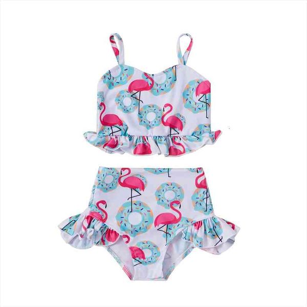 

summer kids girl swimsuit set cartoon print sleeveless sling panty two-piece suit vacation swimming beach, White