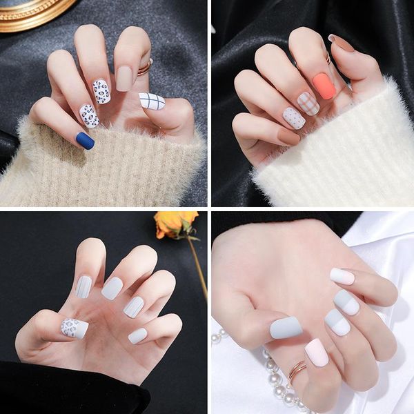 

leopard pink plaid line cat cute wearable fake nail solid patchwork color square tips lady full cover fingernail with glue false nails, Red;gold