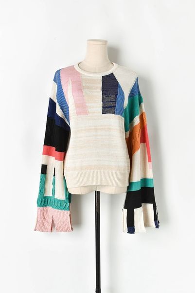 

oversized women autumn fashion runway sweater ladies split flare long sleeve geometric patchwork knitted pullover, White;black