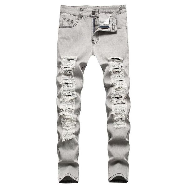 

men's jeans mens loose gray casual washed straight holes high street autumn fashion plus size denim for men 90s, Blue
