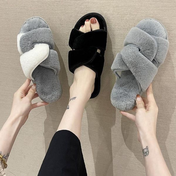 

slippers winter women flip flop shoes furry memory foam warm home bedroom indoor cross faux fur flat fluffy plush soft, Black