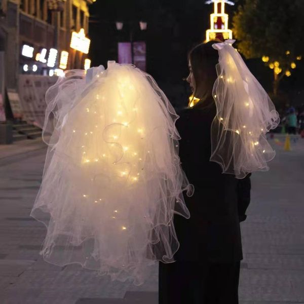 

led luminous headgear double-layer veil super fairy ribbon korean butterfly p wedding p hard yarn sen series jane, Silver