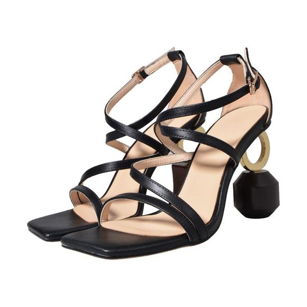 

summer open toe woman sandal fashion strange heels ankle strap gladiator shoes cutouts leather black white sandals
