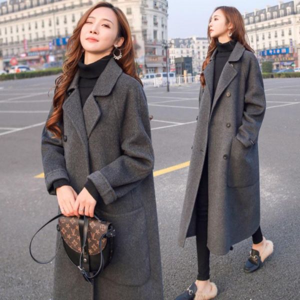 

women's wool & blends 2021 women long coat elegant turn down collar woolen with belt cardigan design winter warm casaco feminino y492, Black