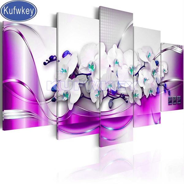 

diamond painting cross stitch diy purple white flower 5d home decor 5 pcs picture modern embroidery pattern wall full round dril