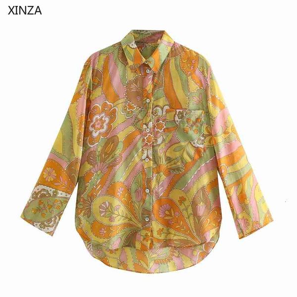 

women's blouses & shirts women vintage print asymmetric shirt long sleeve front patch pocket slim summer woman side slits cas, White