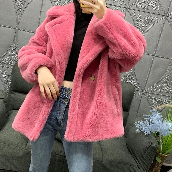 

women's fur & faux 2021 winter coat women real sheared sheep woolen blends overcoat korean fashion lambwool female jacket natural outer, Black