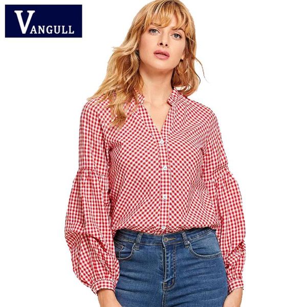 

women's blouses & shirts vangull 2021 spring fashion clothing lantern sleeve plaid female v-neck long elegant casual style, White