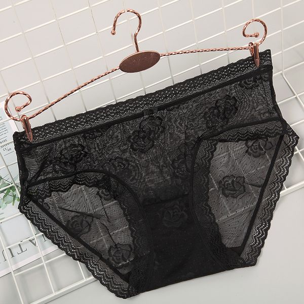 

0609 mesh underwear summer thin full lace low waist traceless transparent cotton crotch bag hip briefs, Black;pink