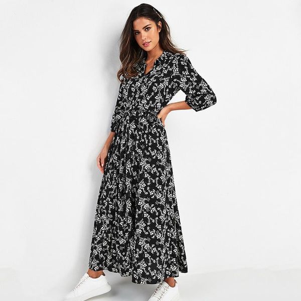 

casual dresses floral print maxi dress women boho turn down collar long shirt robe fashion vintage woman clothing, Black;gray