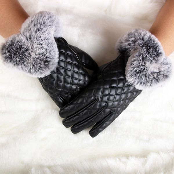 

gloves cargo warm autumn and winter fashion cycling female touch screen leather thickened plush imitation rabbit hair, Blue;gray