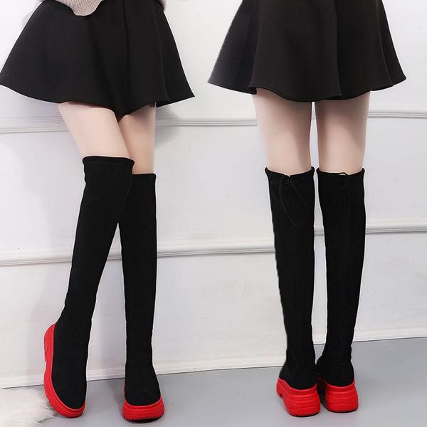 

boots women's winter plus cashmere over-the-knee high-thick bottom slim tall online celebrity elastic, Black