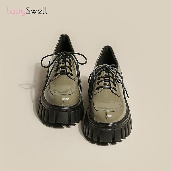 

dress shoes ladyswell chunky platform for women 2021 brand design british oxfords lace up thick sole leather chaussure femme, Black