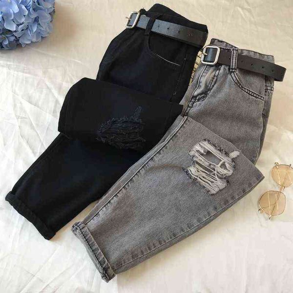 

retro streetwear women straight hole denim ripped jeans loose casual harem pants black high waist jean femme 211129, Blue