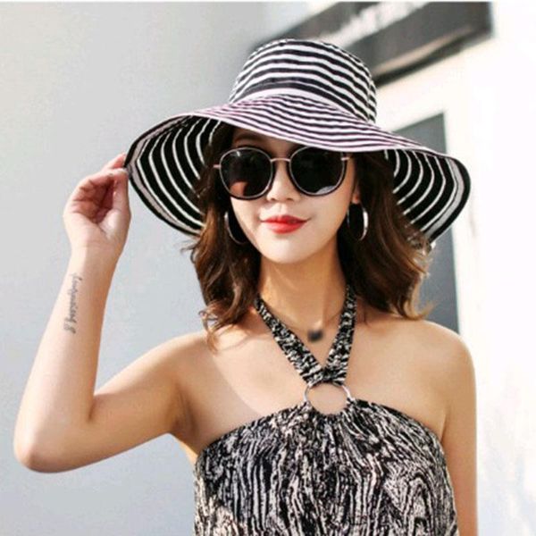 

wide brim hats women's hat beach foldable korean summer fashion stripe bucket sun female visor, Blue;gray
