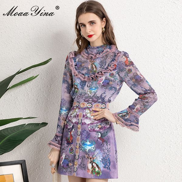 

fashion designer summer purple skirt set women's ruffle long sleeve and a-line printed mini skirts 2 pieces suit 210524, White