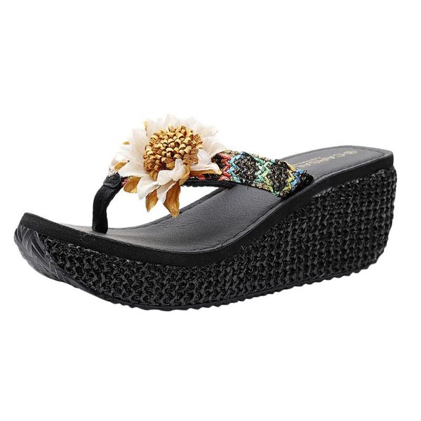 

women ladies fashion wedges flower loafer causal beach slipper shoes comfortable and soft round toe slippers, Black