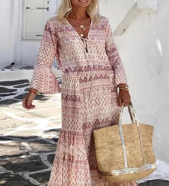 

casual dresses spring and summer women's dress trumpet long sleeve bohemian geometric print women fashion elegant party, Black;gray