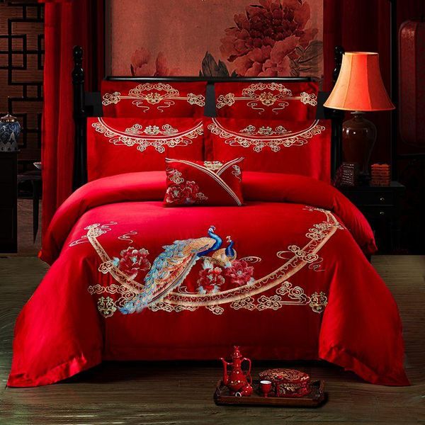 

bedding sets luxury 100% cotton flower and peacock wedding set embroidery duvet cover bed sheet pillowcases  king 4/6/7pcs size