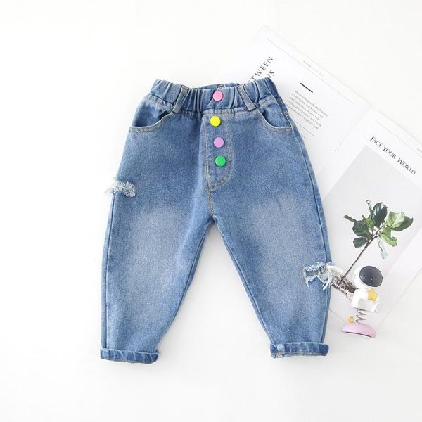 

fashion autumn girls kids casual pant children baby infants buttons washed hole denim jeans long pants trousers s9888, Blue