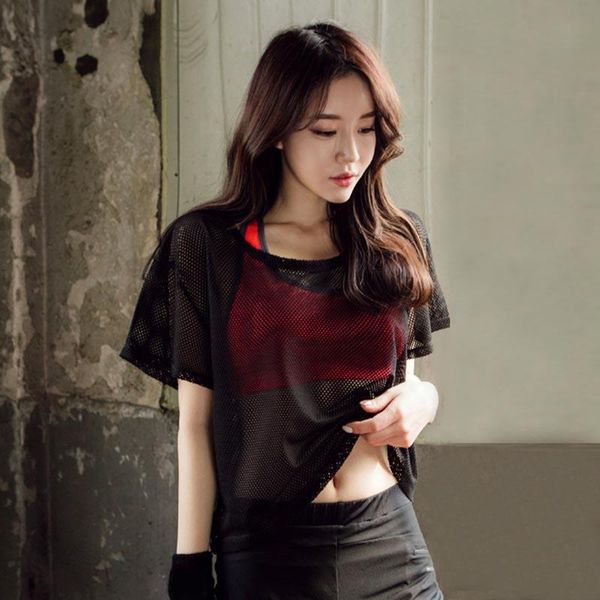 

one-piece suits summer women short sleeve mesh hollow out yoga t-shirt quick drying jogging sports mc889