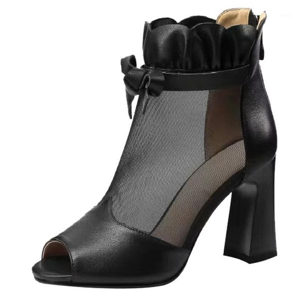 

boots high heels women's thick heel 2021 spring and summer ladies fashion sandals mesh leather shoes fish mouth for women1, Black
