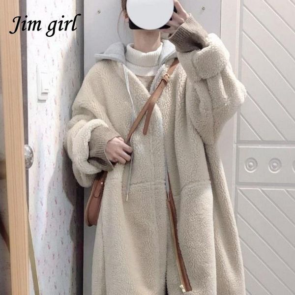 

women's jackets winter warm lamb wool long jacket women fleece shaggy thick hooded female korean casual sleeve zipper teddy overcoat, Black;brown