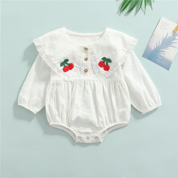 

rompers 0-18m baby girl cherry embroidery short bodysuit long sleeve pan collar jumpsuit for spring autumn white lace playsuit, Blue