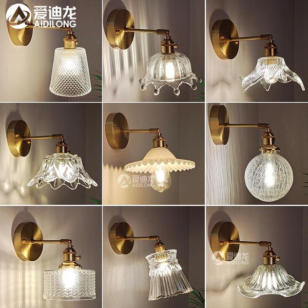 

retro brass wall lamp led lights bedside for living room decor warm light 3000k ac85-265v glass