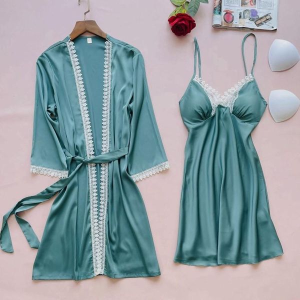 

women's sleepwear kimono robe set women short bathrobe gown full slip lace wedding party loungewear casual nightwear home clothing, Black;red