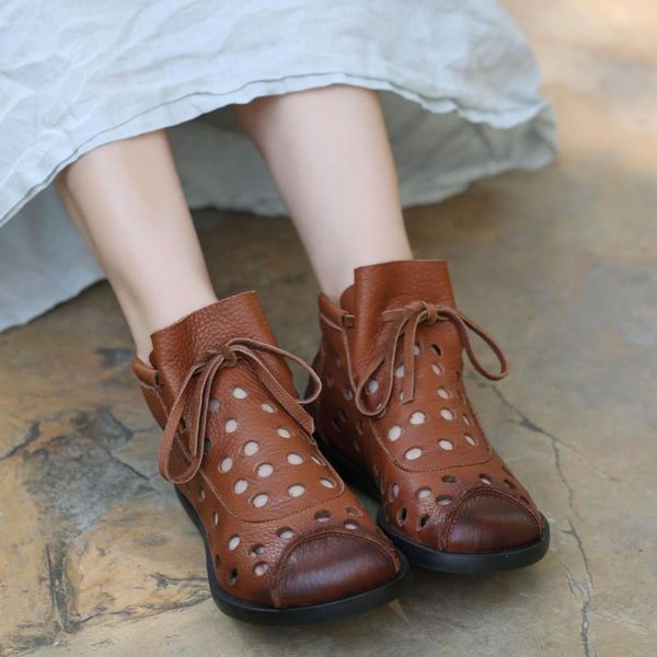 

women leather boots summer shoes for hollow out gray handmade genuine ankle flat heels 2021 brand, Black