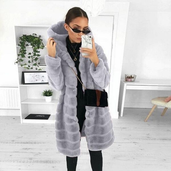 

women's fur & faux thick coat, winter warm plush oversized hooded jacket, Black