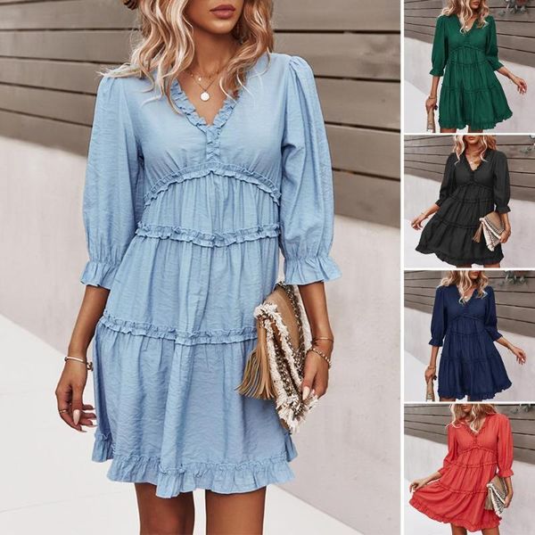 

women's swimwear bohemian women 3/4 sleeve high waist mini dress 2021 summer sundress casual v-neck ruffles robe, White;black