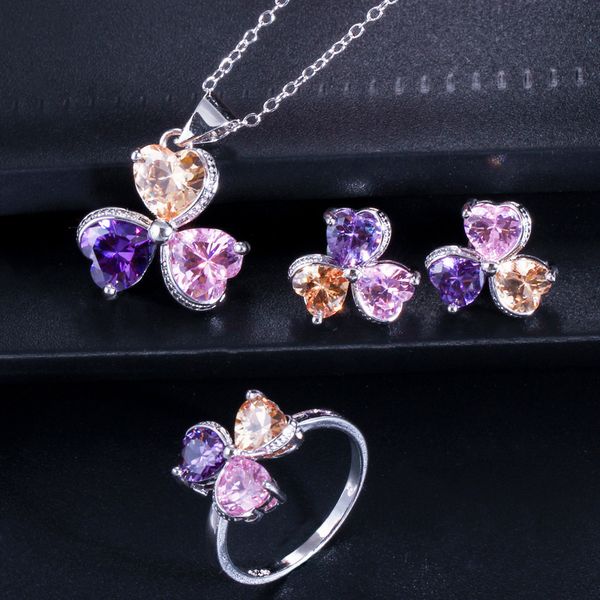 

ki0081 new selling korean version simple and exquisite trilobal zircon earring pendant ring three piece set, Silver