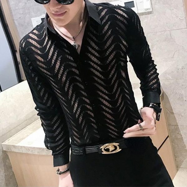 

men's casual shirts shirt men transparent lace cutout camisa long sleeve slim club prom party social masculina top, White;black
