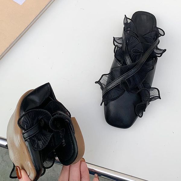

slippers women flat heel slides mules shoes for woman fashion mesh flats loafers ladies casual female awg0, Black