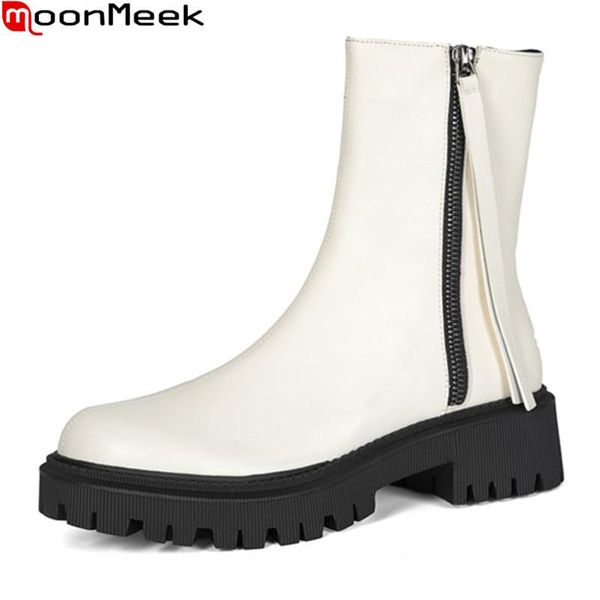 

boots moonmeek 2021 arrival women genuine leather square heels round toe zip autumn winter ankle black white