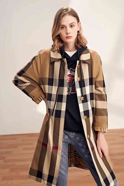 

dust coat 2021 autumn winter commuting fashion british plaid windbreaker loose temperament medium and long camel, Tan;black