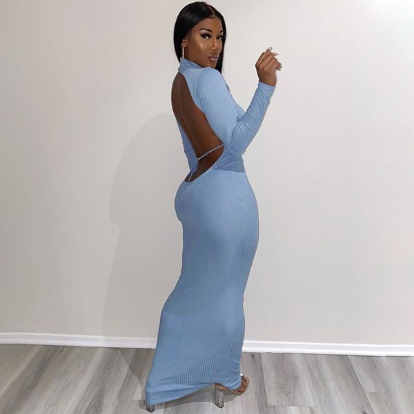 

20212021 long sleeve solid backless skinny ribbed maxi dress autumn winter women fashion party club outfits, Black;gray