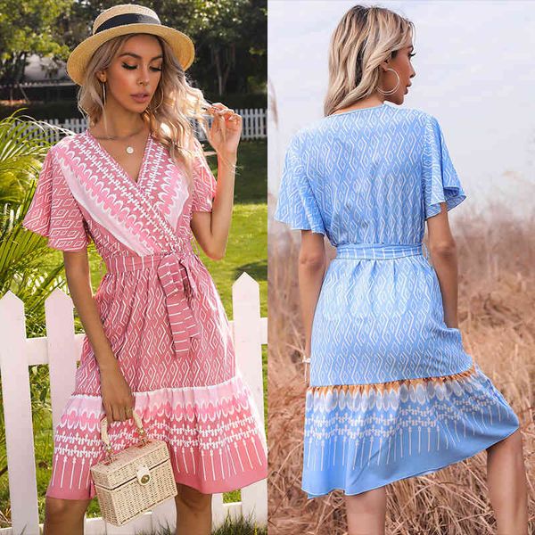 

women's dresses 2021 summer print v-ne short sleeve lace up for women, Black;gray