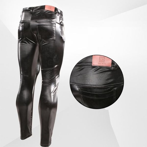 

men's pants men faux leather trousers skinny high stretchy seamless stylish, Black