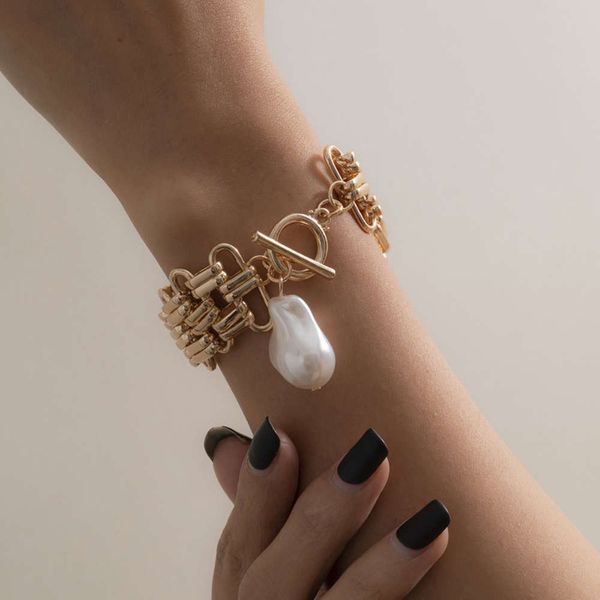 

jewelry exaggeration punk geometry wide chain bracelet baroque shaped pearl pendant handpiece girl, Black