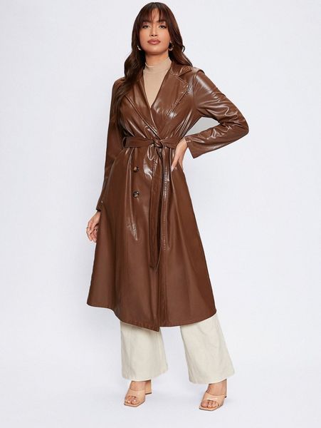 

double breasted belted pu leather trench coat q3aw#, Tan;black