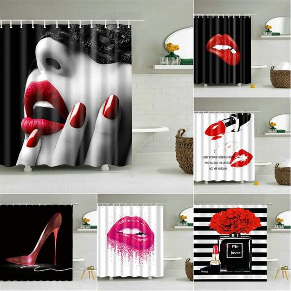 

shower curtains red lips curtain mysterious woman perfume bottle lipstick high heel girl bath decor waterproof fabric hooks
