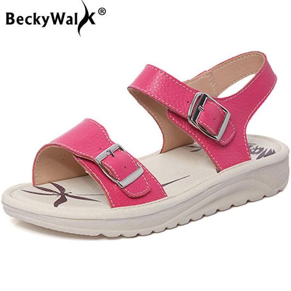 

beckywalk women casual sandals shoes genuine leather platform soft sole ladies roman flats female summer wsh2718, Black