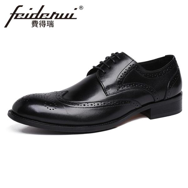 

dress shoes feiderui genuine leather men's handmade carved oxfords round toe derby wingtip man formal wedding brogue ymx252, Black