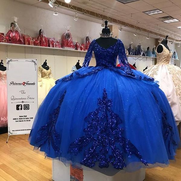 Royal Blue Sequins Tquinceanera Платья с длинными рукавами Корсет на шнуровке блестение Шестовое платье Сладкое платье Vestidos de XV Años